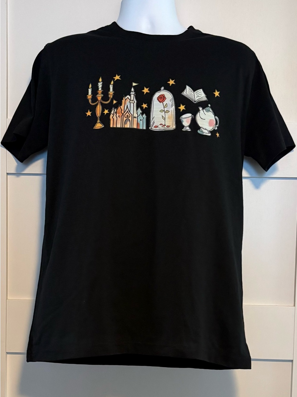 Women’s Black Short-Sleeve Graphic Tee with Beauty/Beast Enchanted Icons